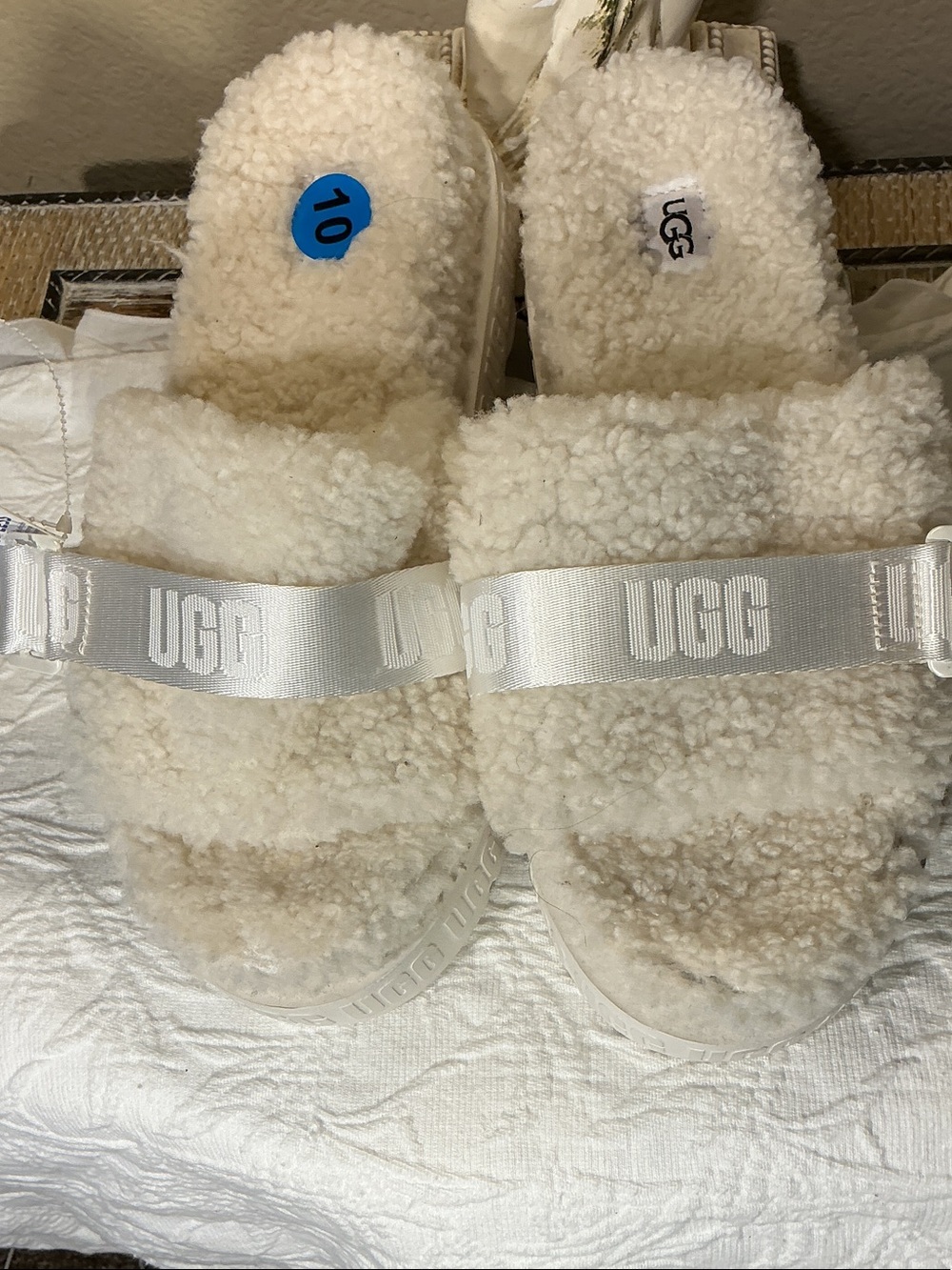 UGG Cream Plush Shearling Slide Sandals with Logo Strap